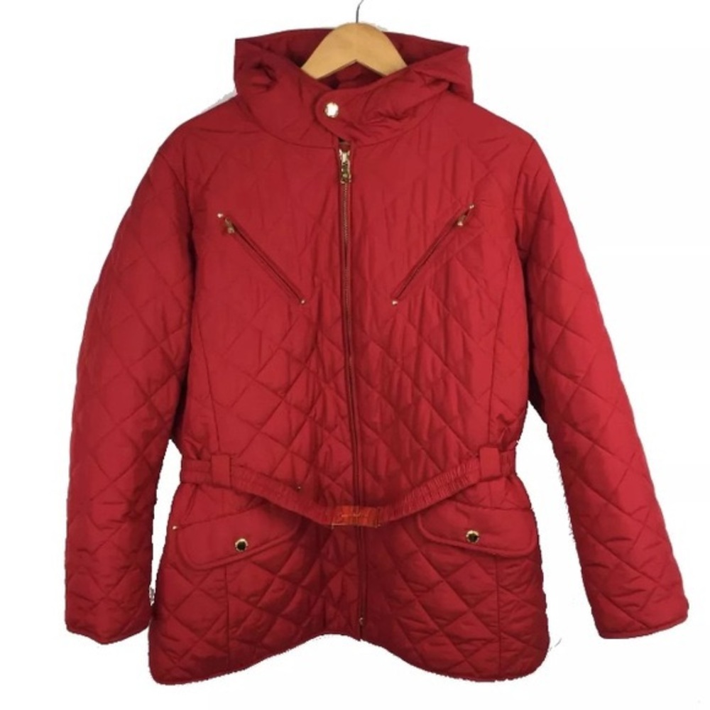 Ralph Lauren Red Quilted Jacket w Gold Belt & Hood